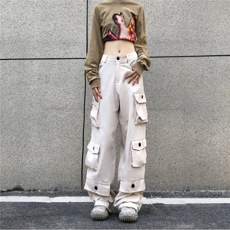 American Retro High Street Straight Tube Multi Pocket Overalls