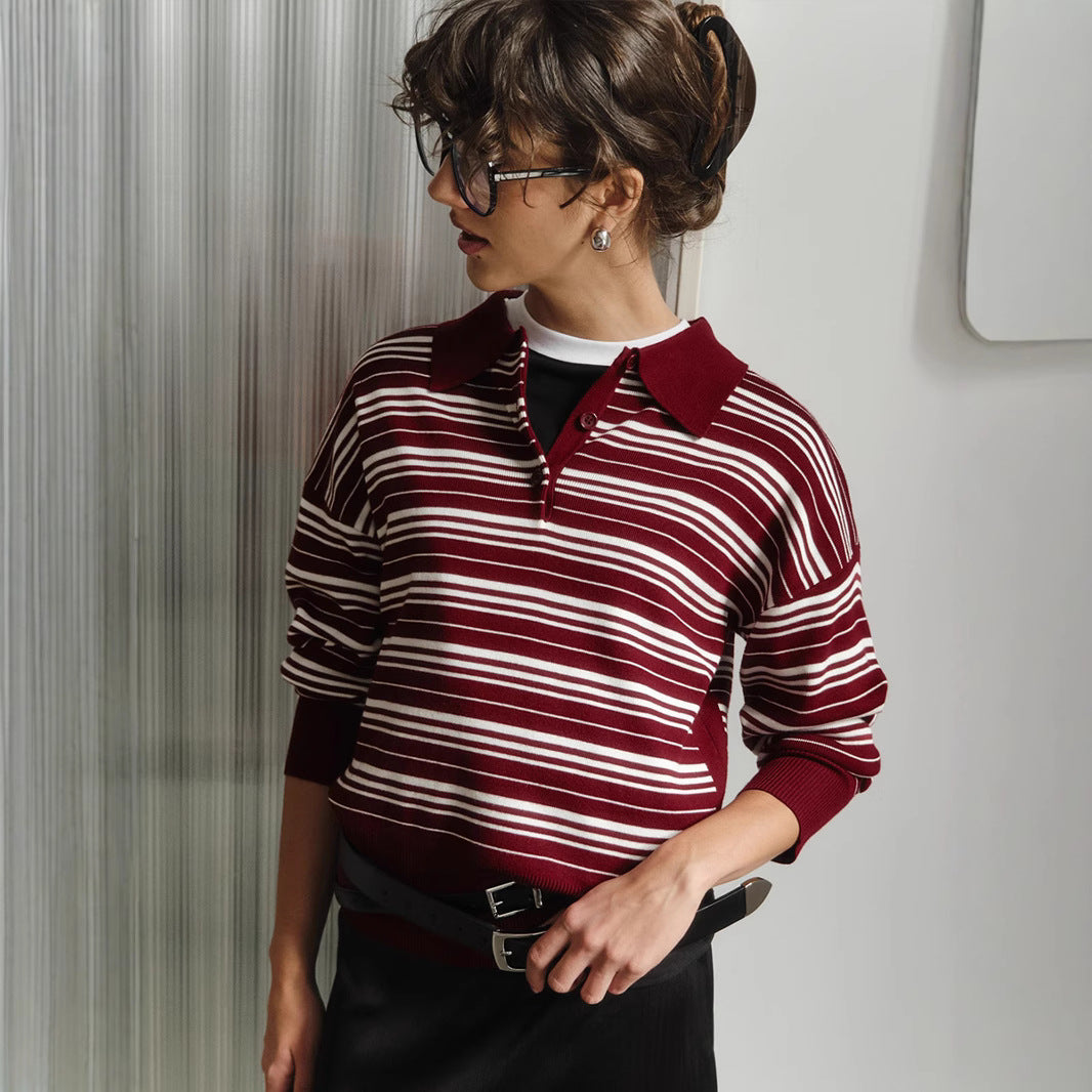 Striped Sweater Retro Contrast Color Striped Polo Collar Knitted T-shirt