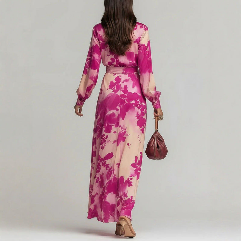 Chiffon Long-sleeve V-neck Lace-up Dress