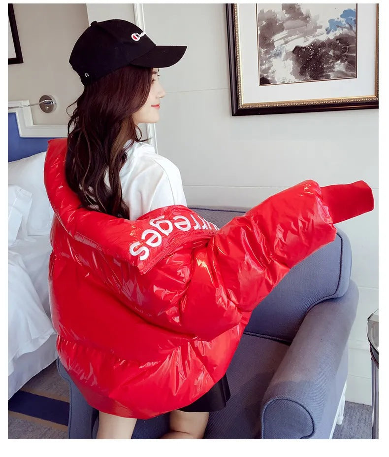 Women's Loose And Short Bright Leather Disposable Cotton Coat