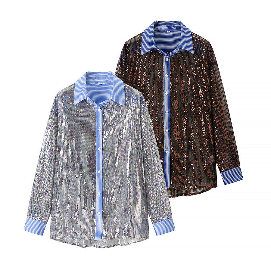 New Spring And Autumn Slim-fit Long-sleeved Sequined Shirt