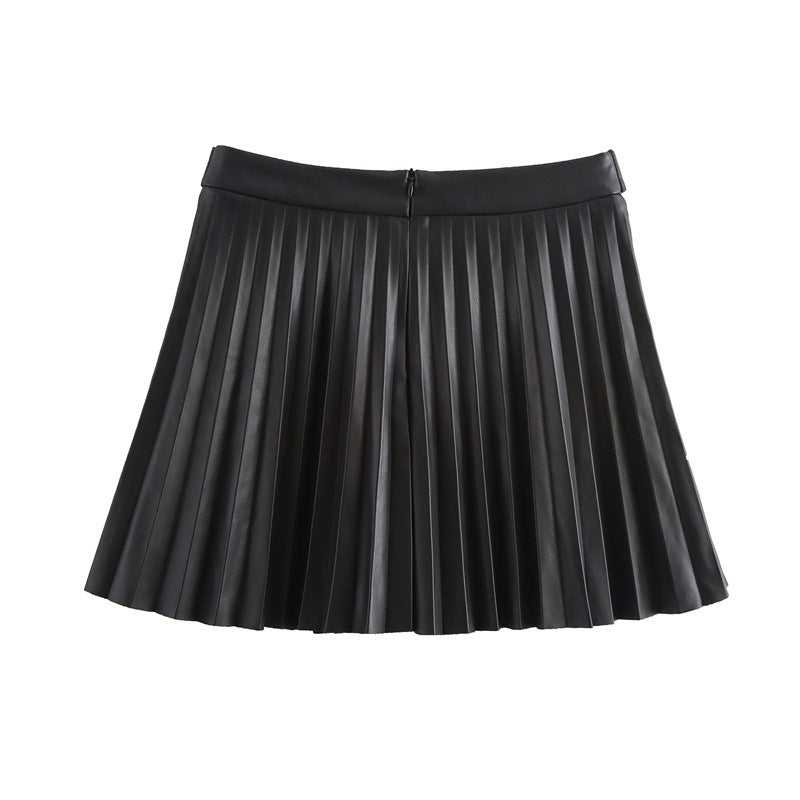 Autumn New Women's High Waist Slimming Faux Leather Wide Pleated Skirt
