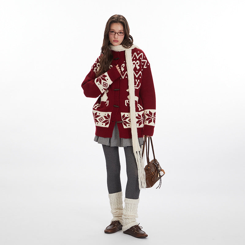 Loose Knitted Jacquard Horn Button Retro Women's Cardigan Sweater