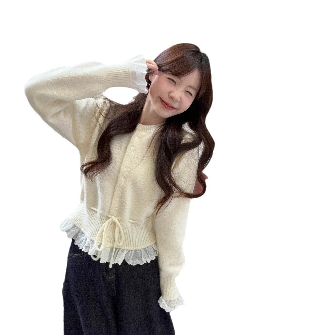 Womens Solid-Color Defined-Waistline Lace-Patchwork Sweater