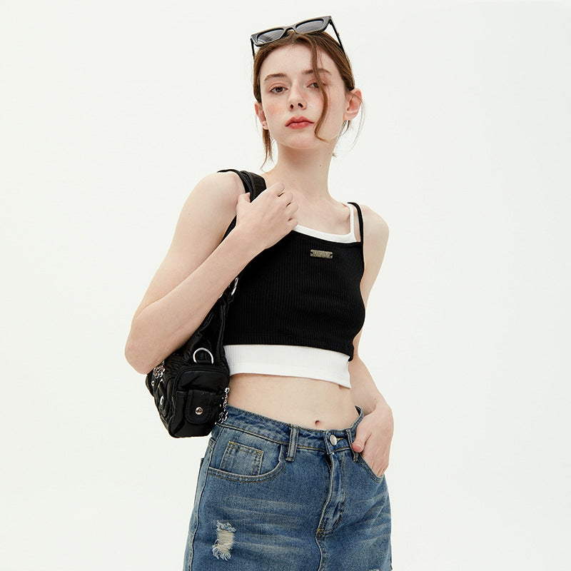Stitching Contrast Color Design Sense Double-strap Vest Girl Fake Two Pieces