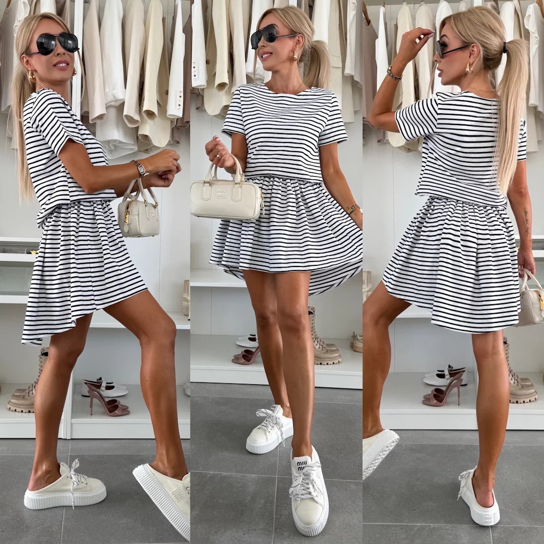 Crew-neck Striped Casual Short-sleeve Dress