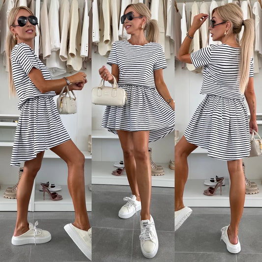 Crew-neck Striped Casual Short-sleeve Dress