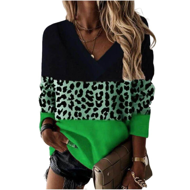 V-hals Leopardprint-patches Langærmet Sweatshirt-toppe