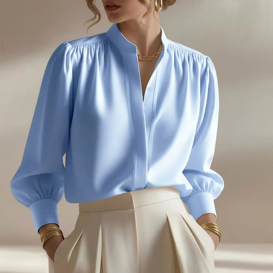 Blue, Relaxed-fit Workwear Top With A Stand-up Collar And A Luxurious Silk-like Texture