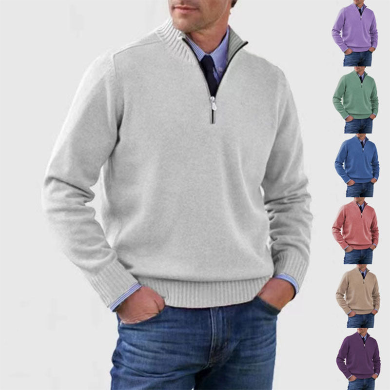 Sweater til mænd med lynlås og opretstående krave Vintermode Ensfarvet Strikket Langærmet Top Tøj
