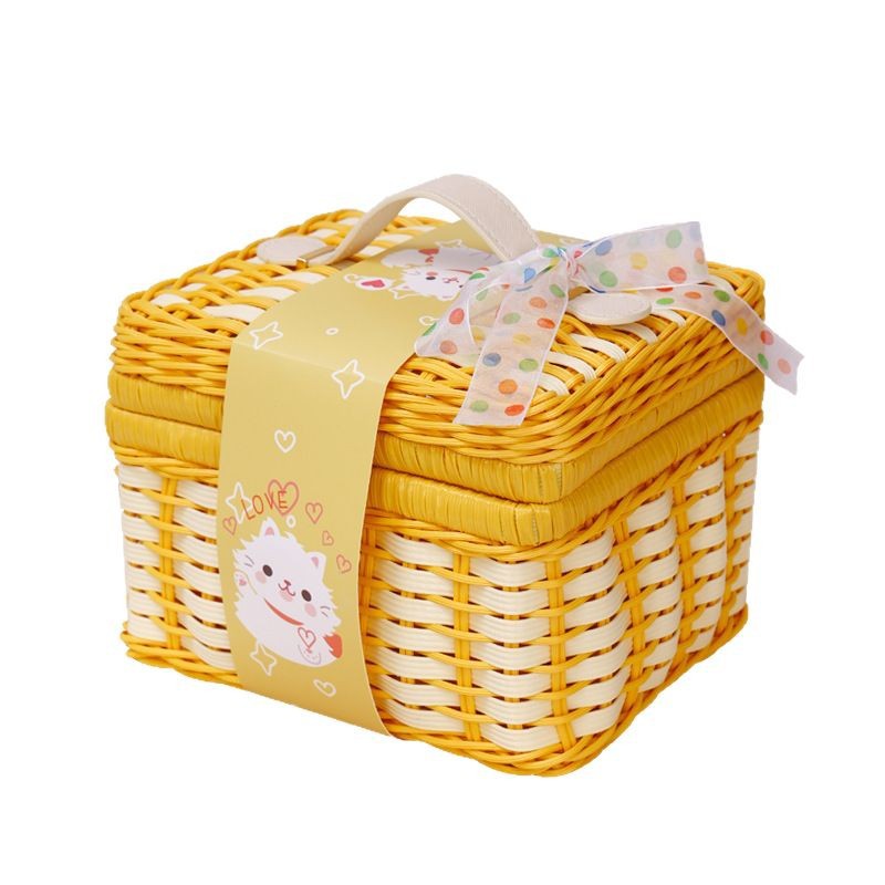 New Colorful Cute Flip-Top Rectangular Straw And Leather Woven Basket