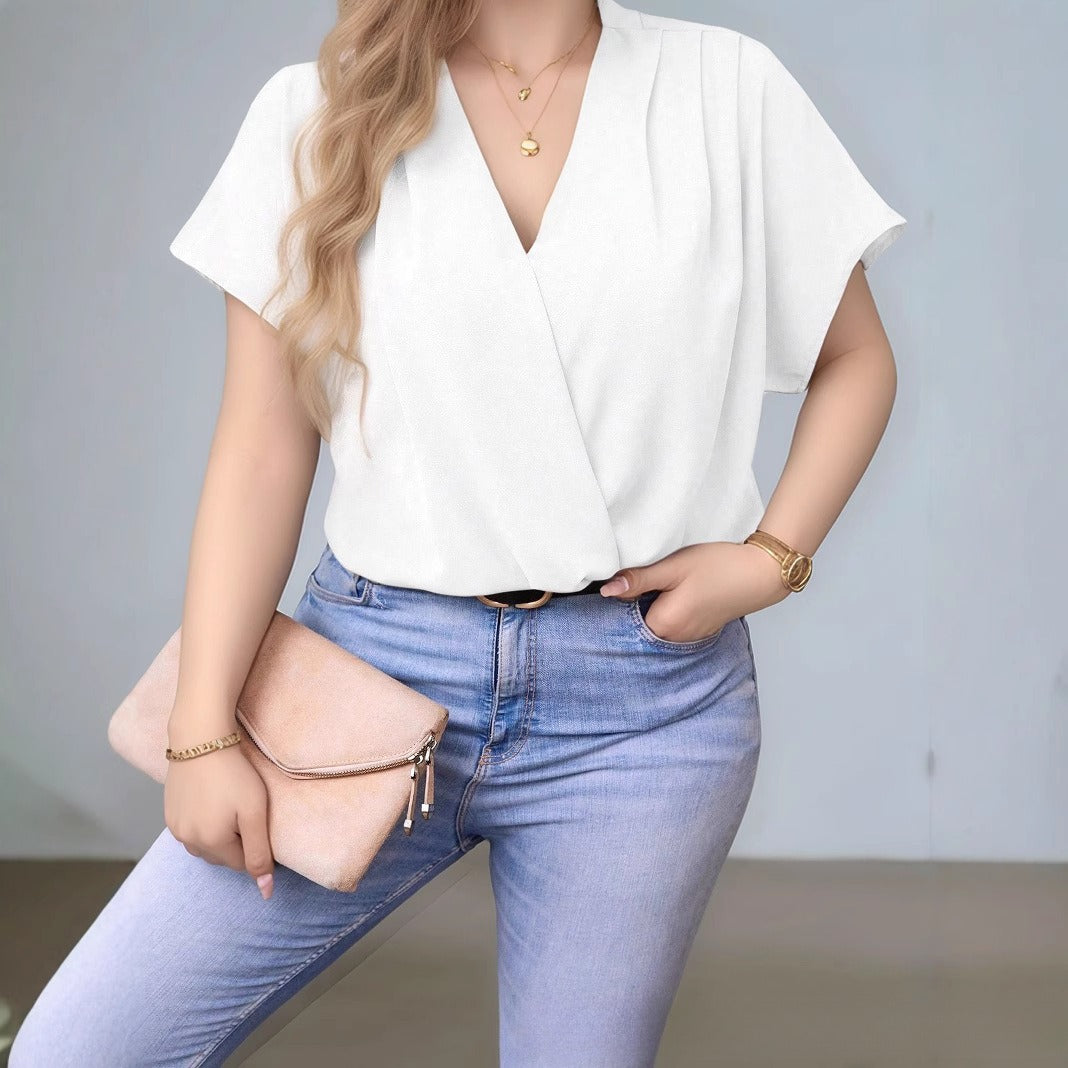Solid Color V-neck Shirt Casual Short Sleeve Loose T-shirt