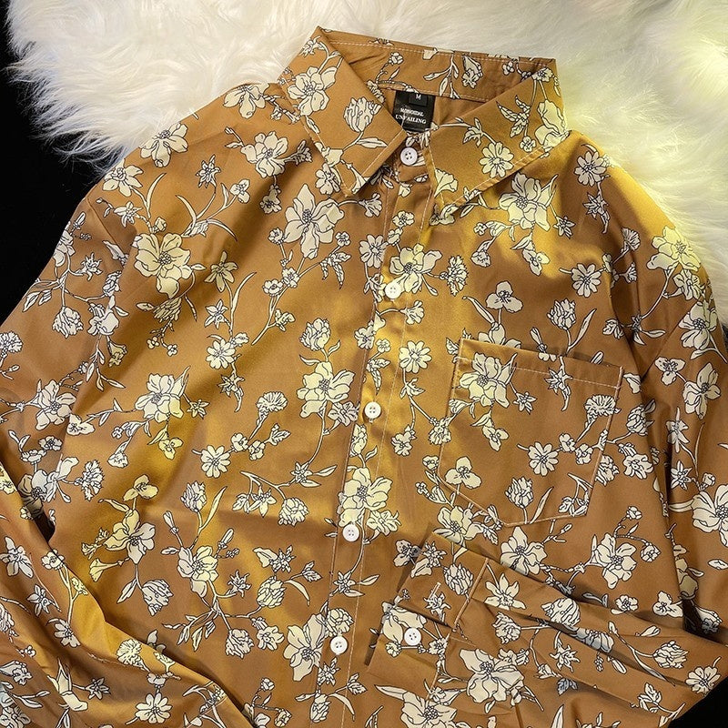 Hong Kong Style Printed Shirt Men's And Women's Loose Long Sleeves