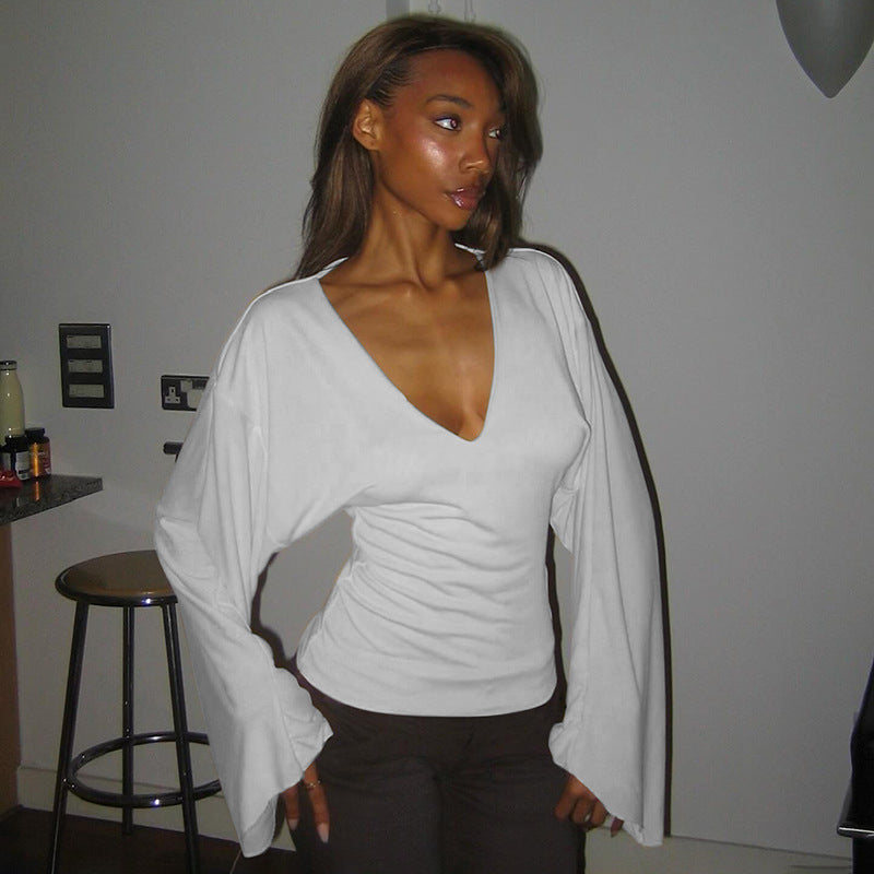 Summer And Autumn New Solid Color And V-neck Flared Long Sleeve Slim Fit