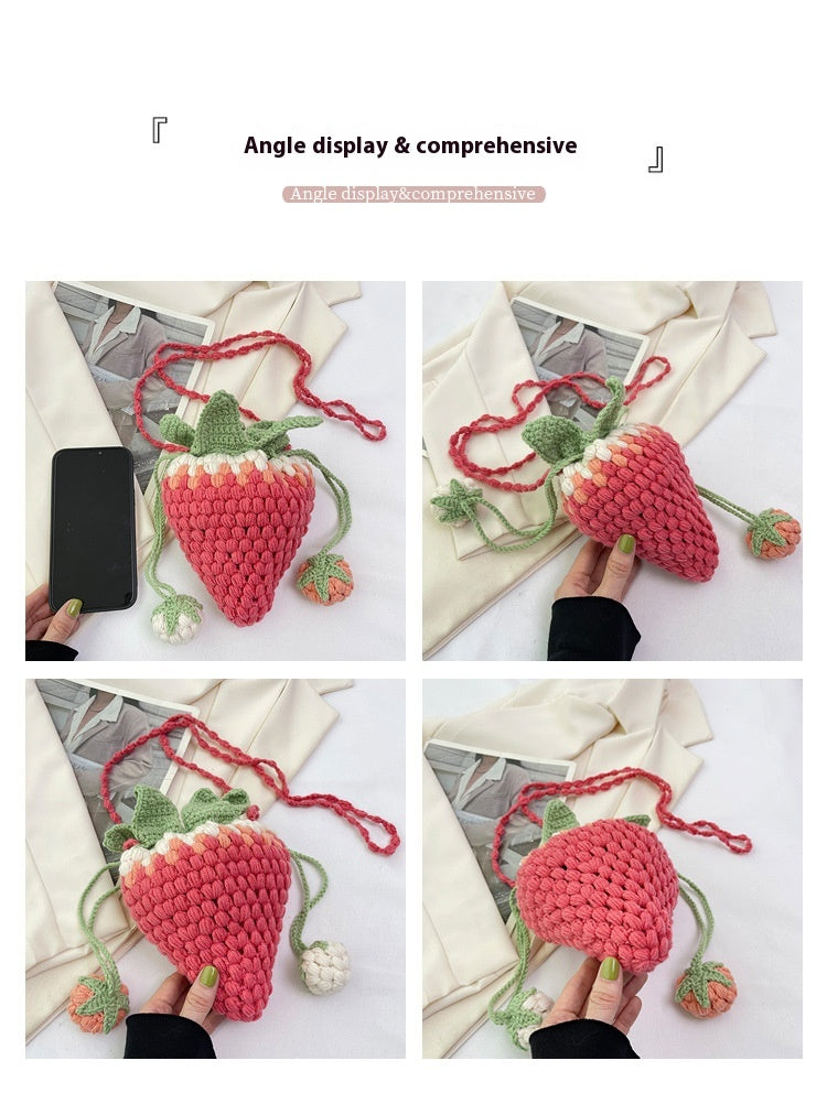 One-shoulder Crossbody Knitted Cartoon Strawberry Bucket Bag