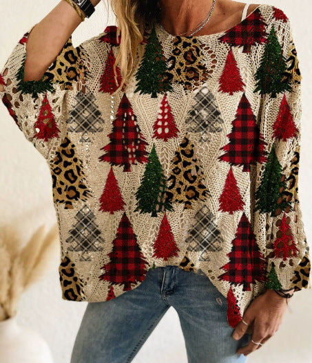 Bat Loose Off-shoulder Boat Neck Diamond Hollow-out Contrast Color Christmas Print Knitted Sweater