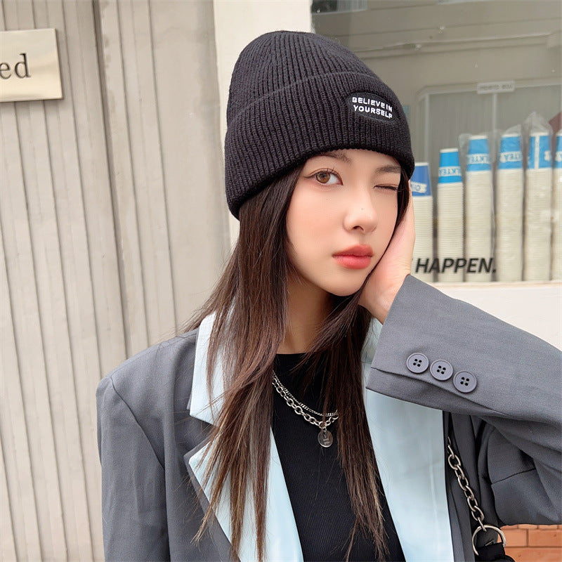 Letter Embroidered Wool Warm Ear Protection Knitted Pullover