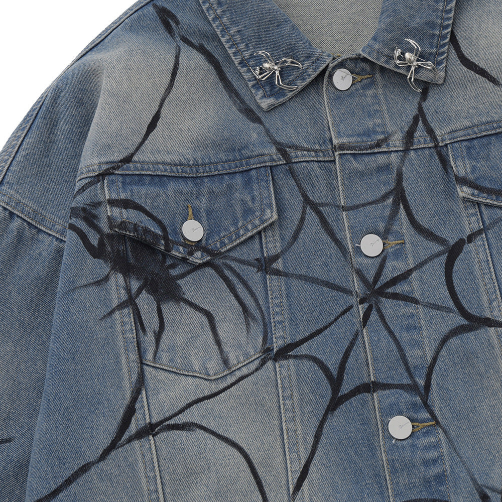 Spring And Autumn Jacket Men's Spider Web Printed Design Sense Niche High Street Washed And Worn Denim Coat