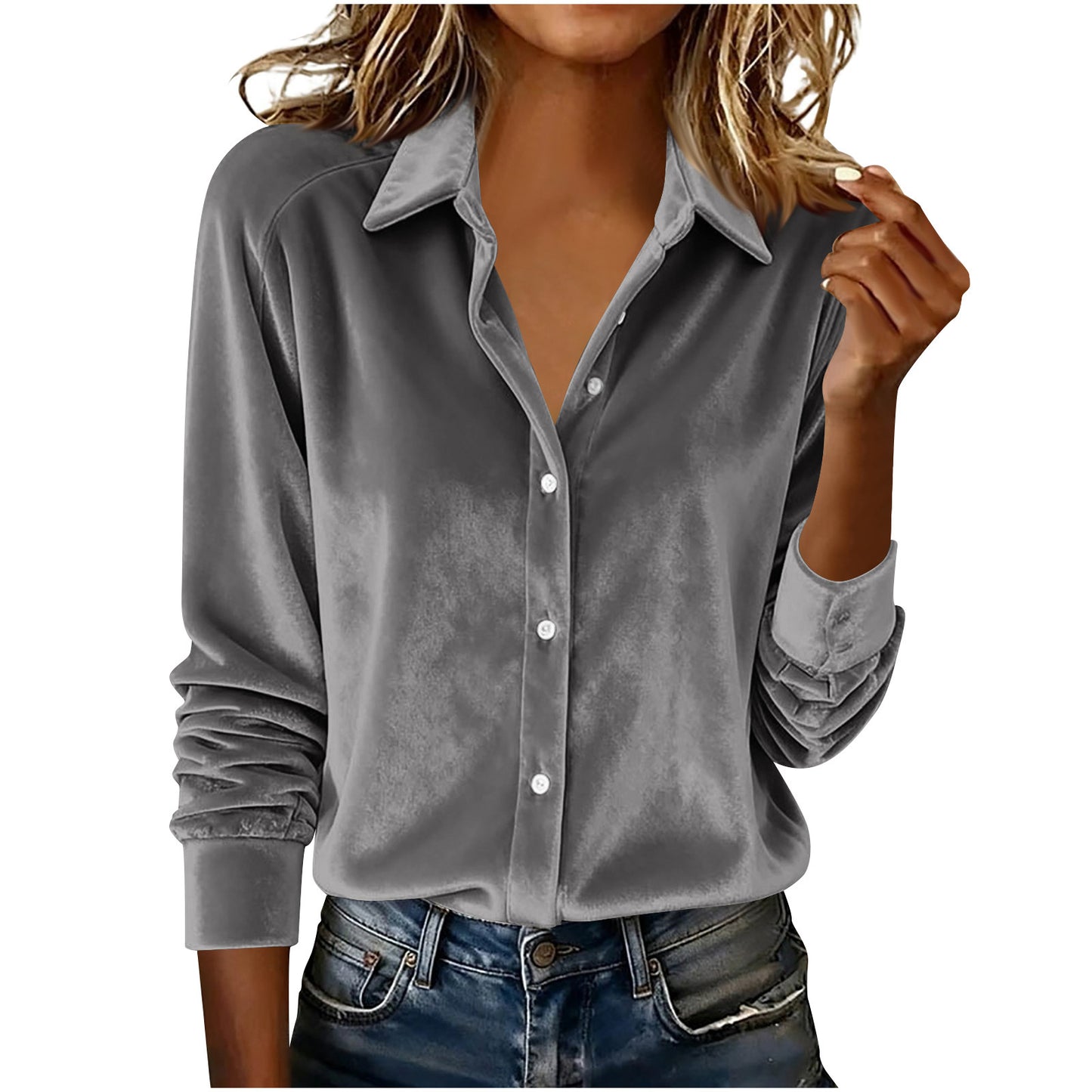 Versatile Solid-color Gold-velvet Shirt With A Lapel Collar
