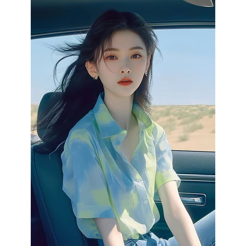 Green Tie-dyed Short-sleeved Shirt Summer Loose High-end