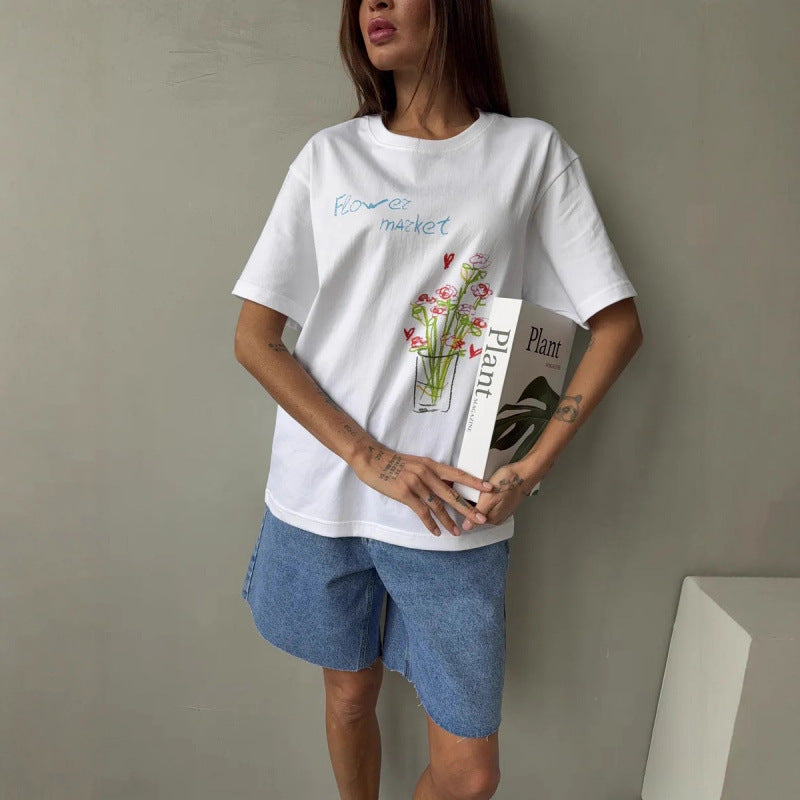 All-match Commuter-friendly Cotton Short-sleeve Top With A Printed Design
