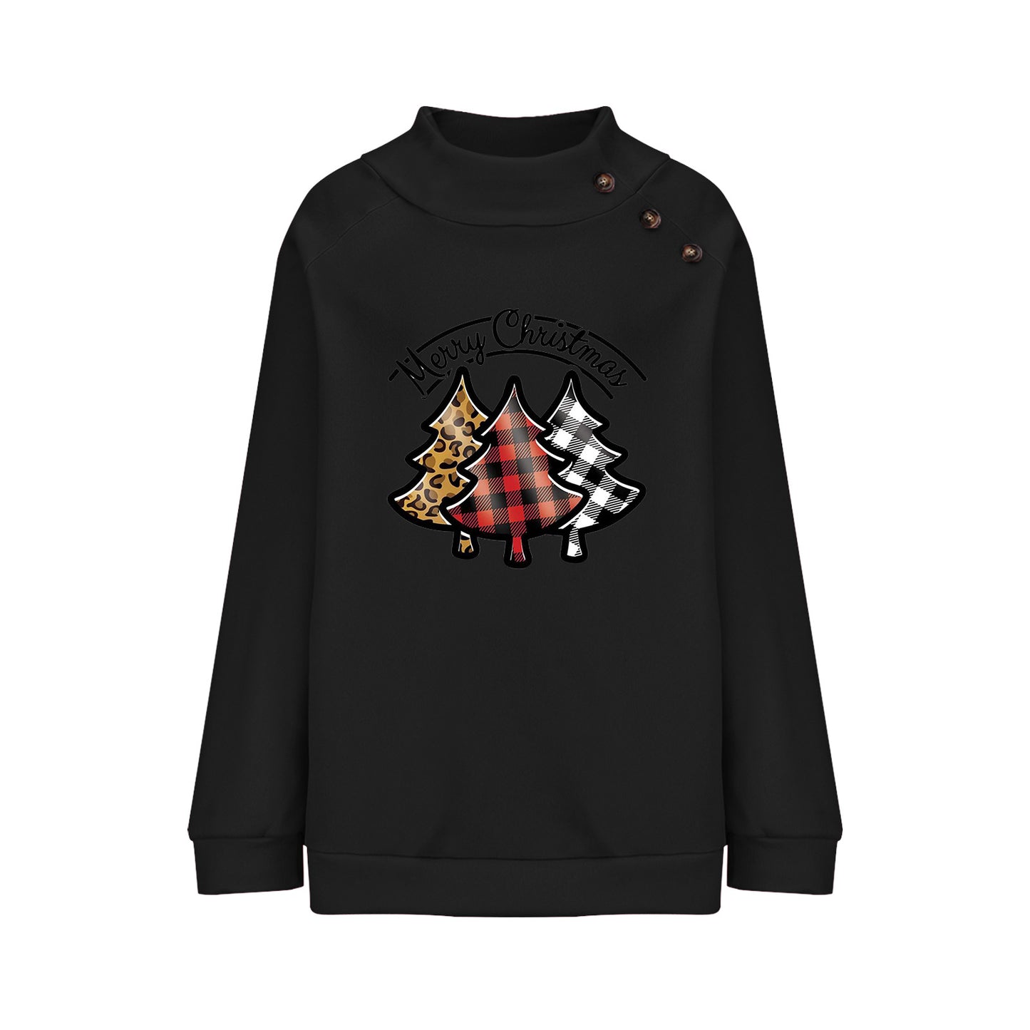 Cartoon Turtleneck Buttons Christmas Printed Sweater For Women