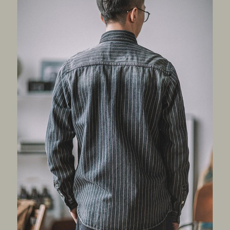 Vintage Vertical Stripes Denim Shirt Workwear Washed Old Long Sleeve Men