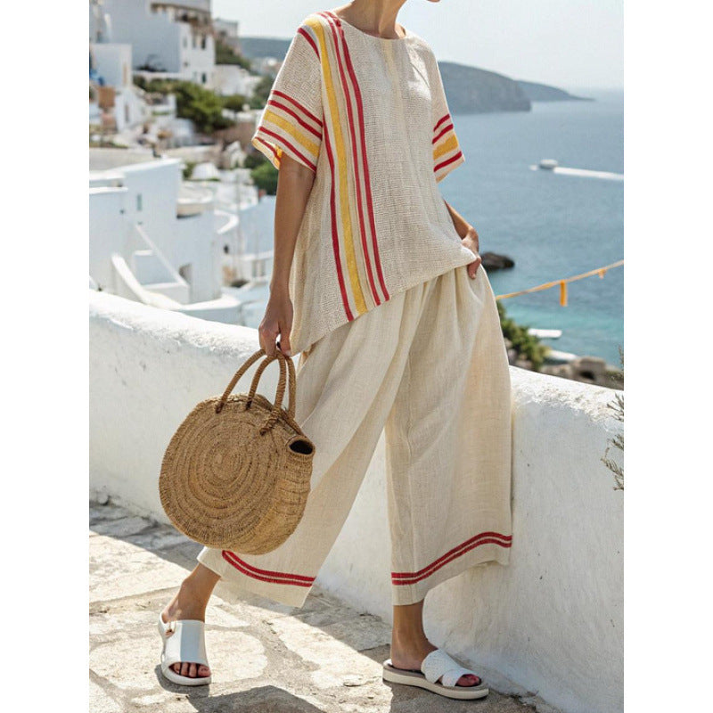 Fashionable Loose Crew-Neck Printed Short-Sleeve Shirt And Pants Set