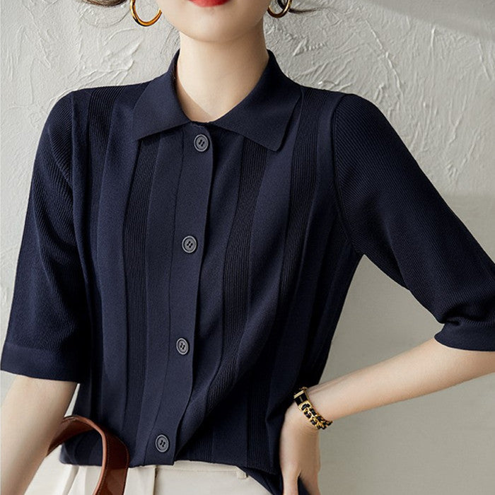 Lapel Mid Sleeve Commuter Knit Cardigan Air Conditioning Shirt