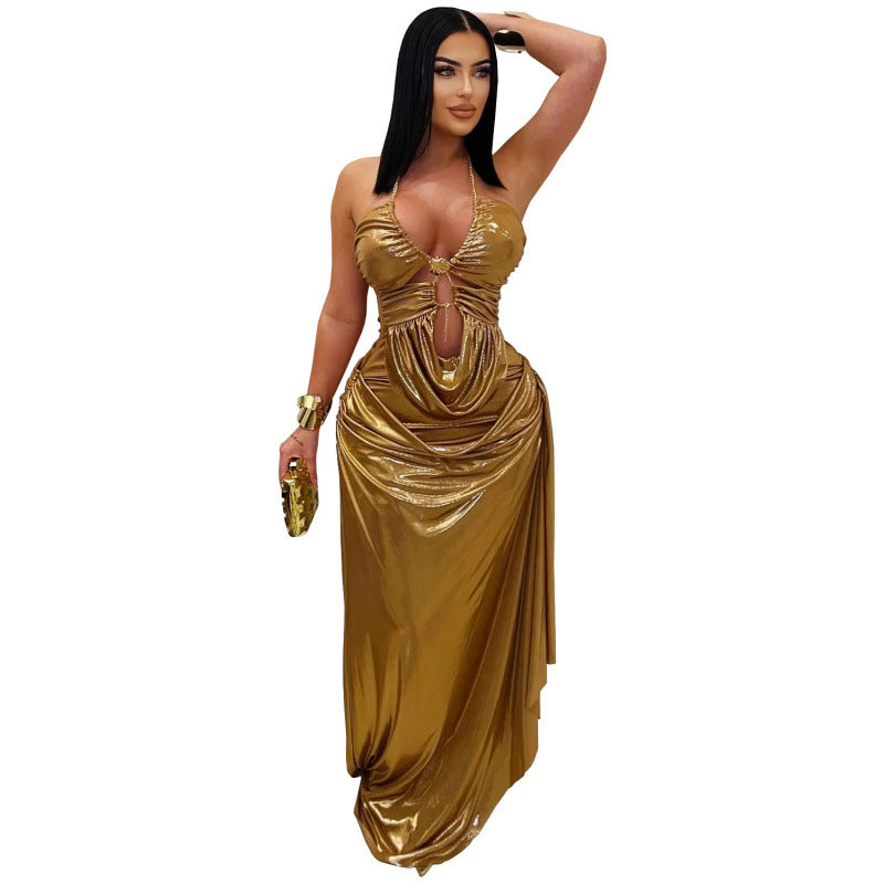 Chic And Elegant Pleated Off-shoulder Dress With A Gold Chain Neck Strap