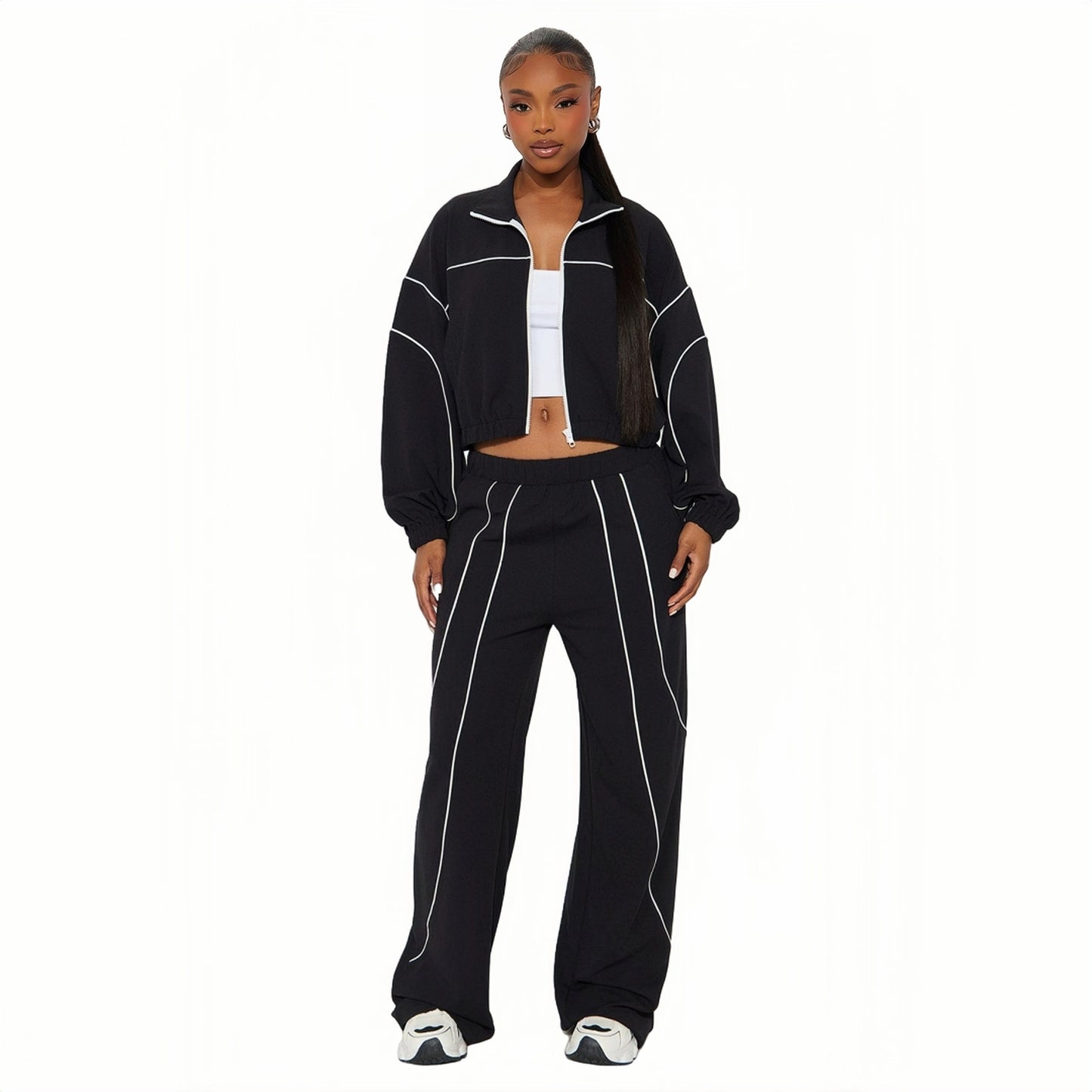 Wide-leg Color-blocked Stand-collar Two-piece Set