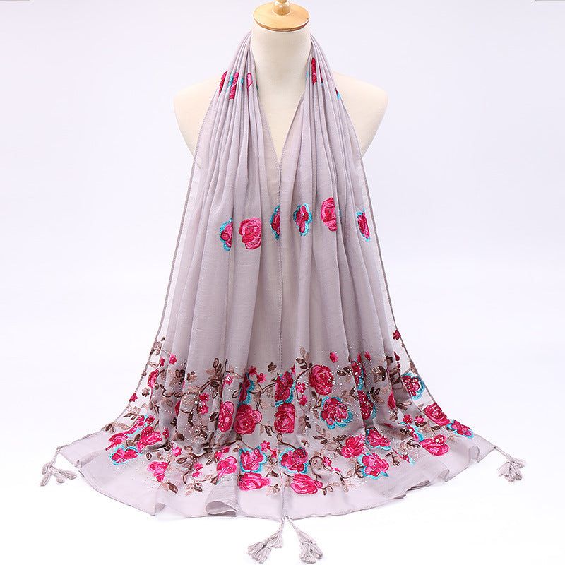 Pure Color Cotton And Linen Embroidered Hot Drilling Fringe Scarf