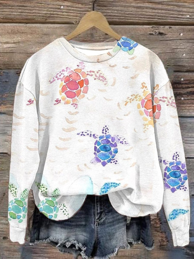 Kvinders Efterårs- og Vintertrends Digitaltrykt Rundhalset Sweater med Slidsede Skuldre og Lange Ærmer