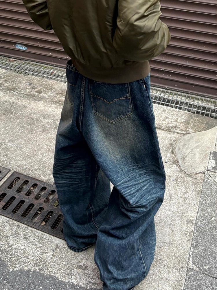 American Retro Worn Looking Washed-out Wide Leg Jeans