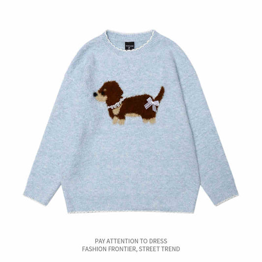 Milk Blue Sausage Dog Jacquard Round Neck Sweater