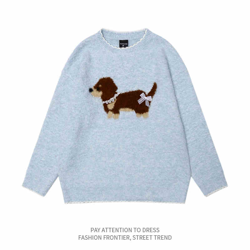 Milk Blue Sausage Dog Jacquard Round Neck Sweater