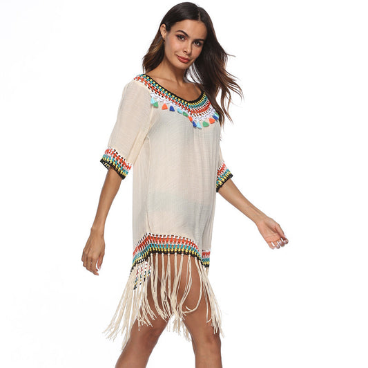 Hollow-out Rainbow Tassel V-Neck Hand Hook Beach Blouse