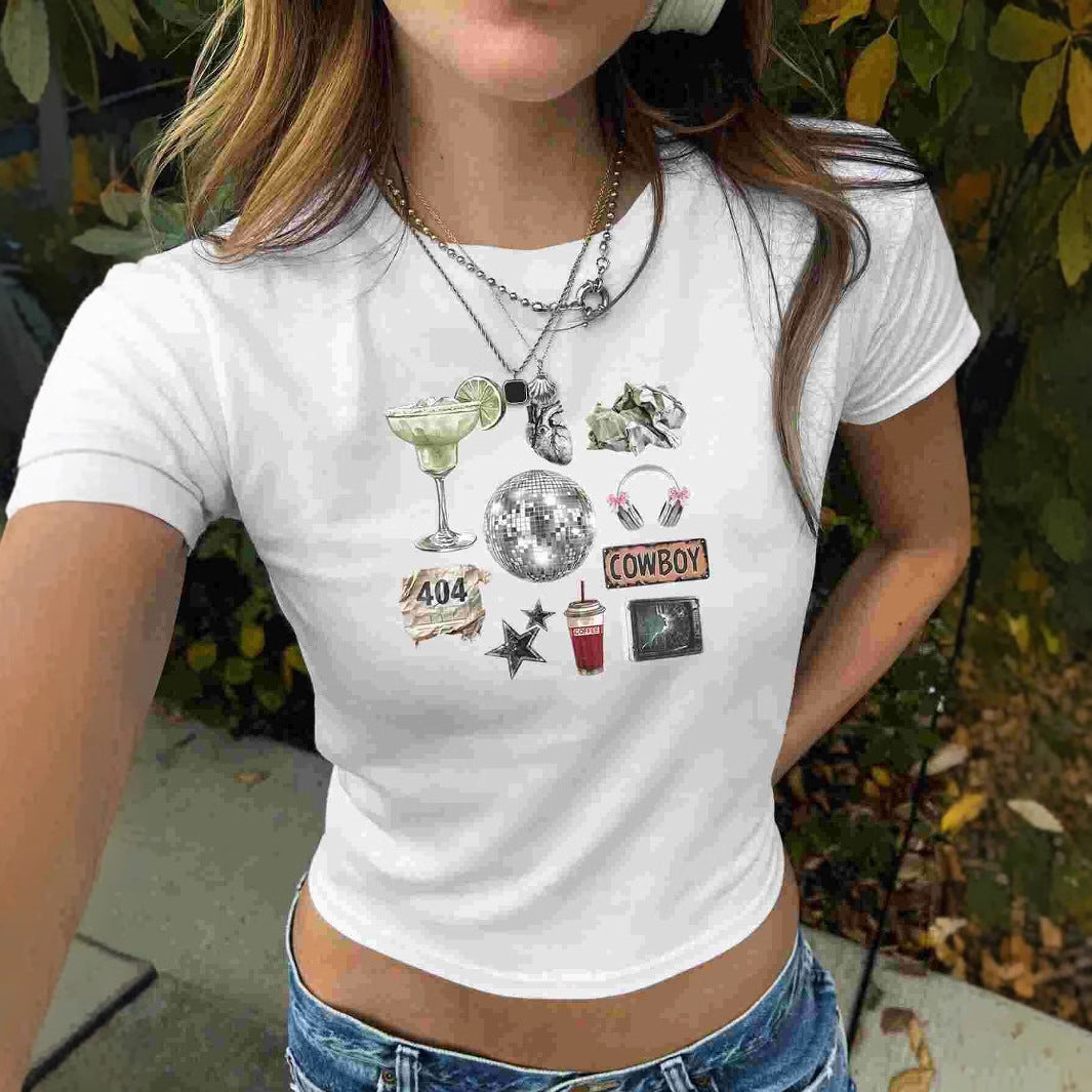 Womens Summer Casual T-Shirt With Metal Ball And Letter Print