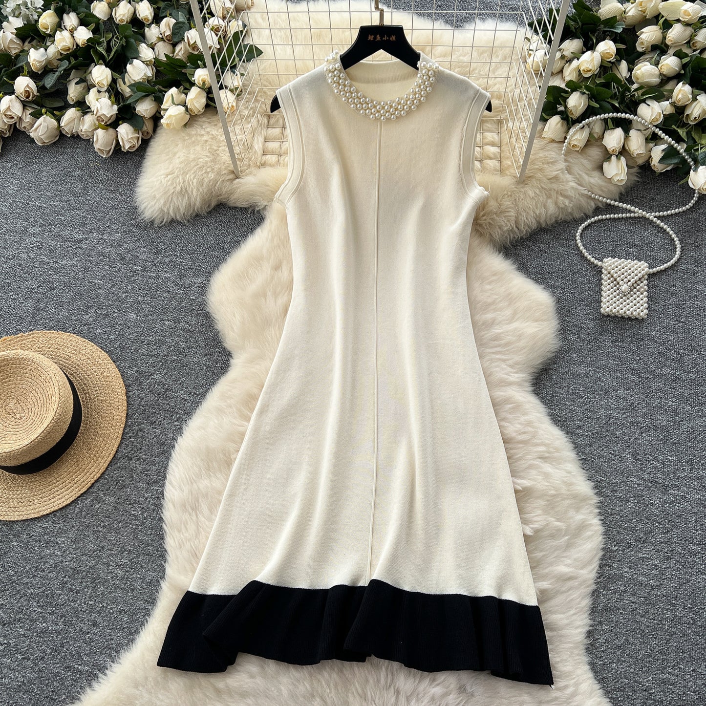 Beaded Crew Neck Sleeveless Flattering Knit Dress For Women In A Color Block Design
