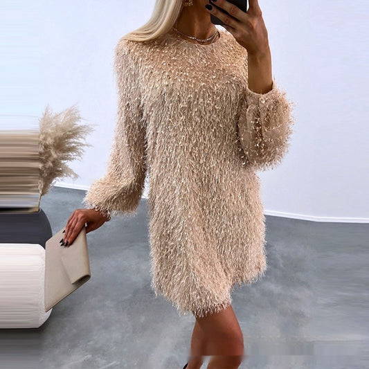 Womens Crew-Neck Fuzzy Tassel Dress