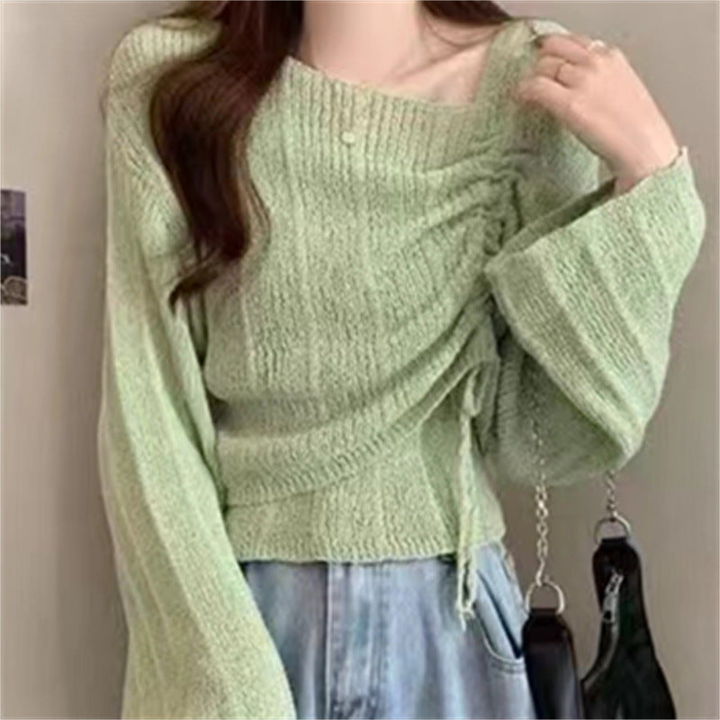 Knitwear High-grade Short Off-shoulder Long-sleeved Top Two-piece Set