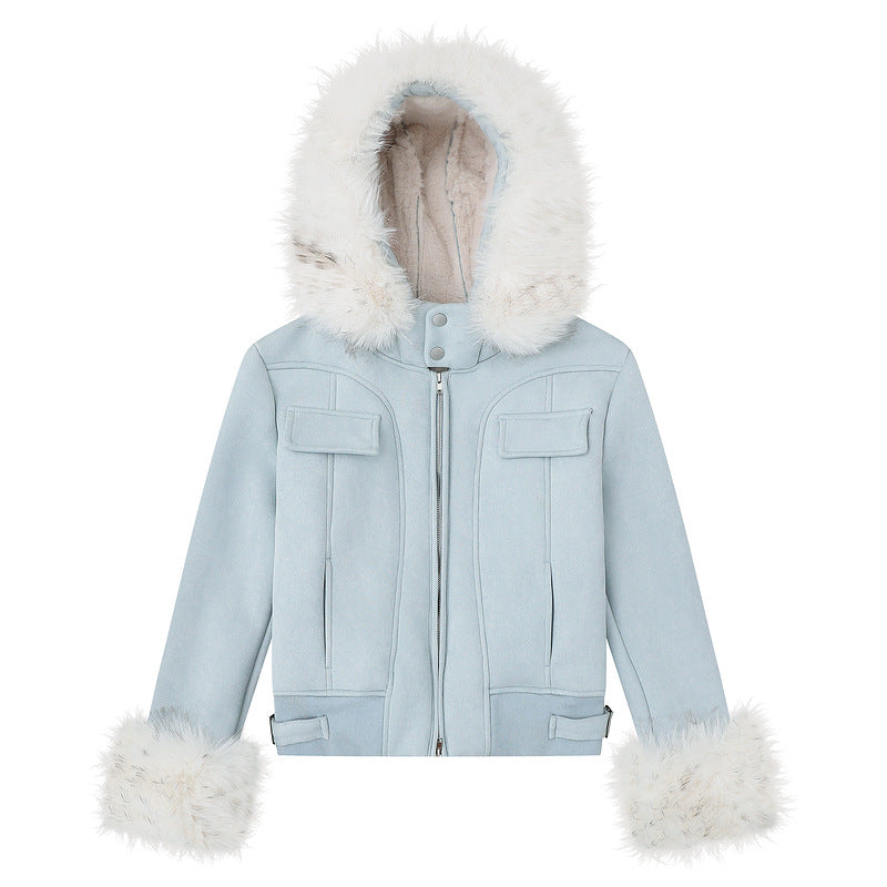 Womens Retro Detachable Big Fur Collar Hooded Padded Coat Slim Fit