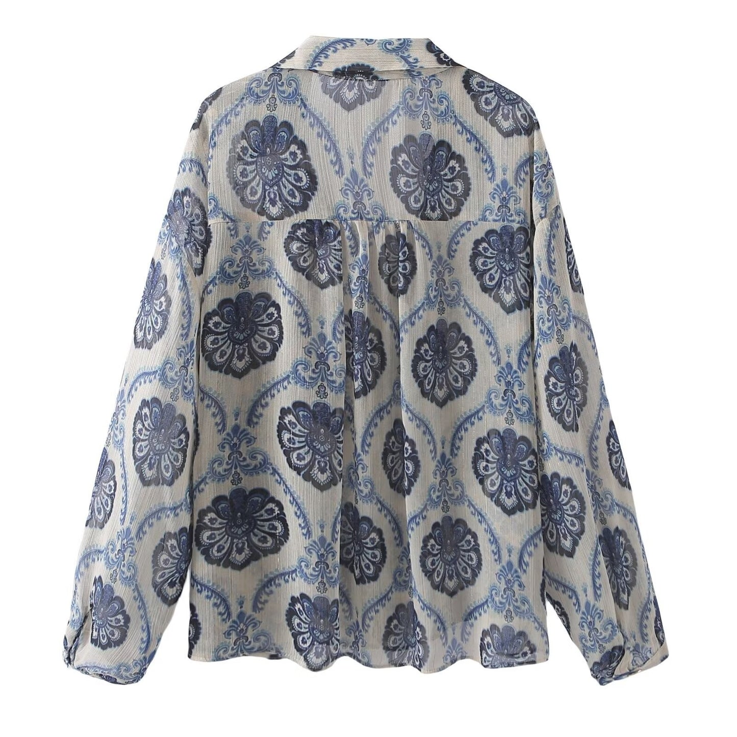 Langærmet løs casual skjorte til kvinder med metallic-print