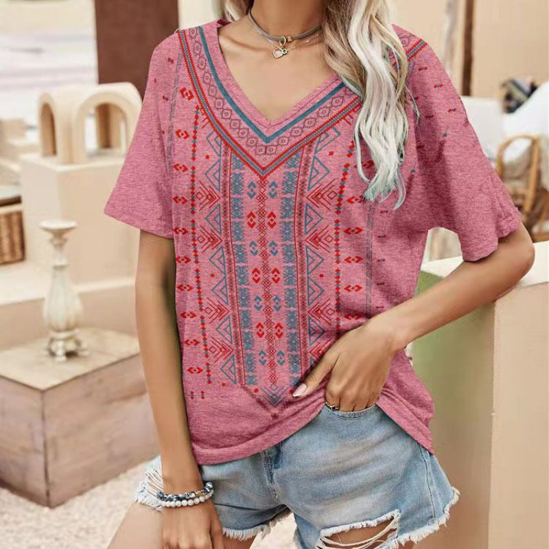 Women's Ethnic Style 3D Color Creative Fashion V-Neck T-Shirt