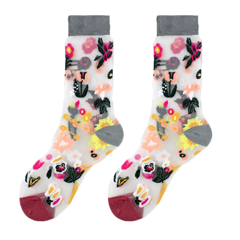 Thin Mid Tube Fashion Style Flower Forest Glass Stockings