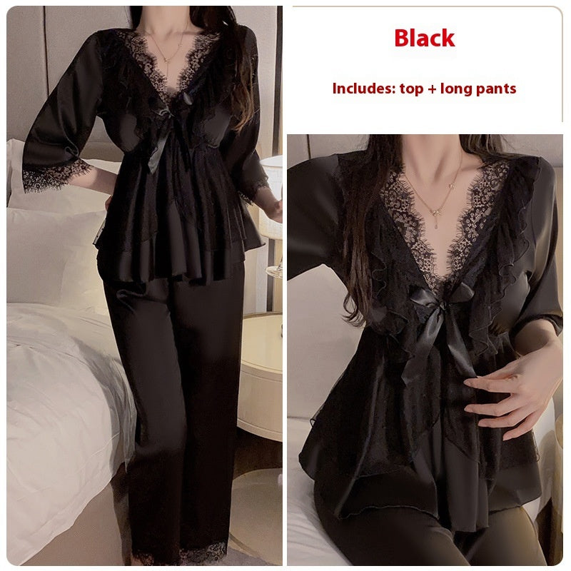 Lace Satin Stitching And Chest Pad Pleated Waist-controlled Top Trousers Two Pieces
