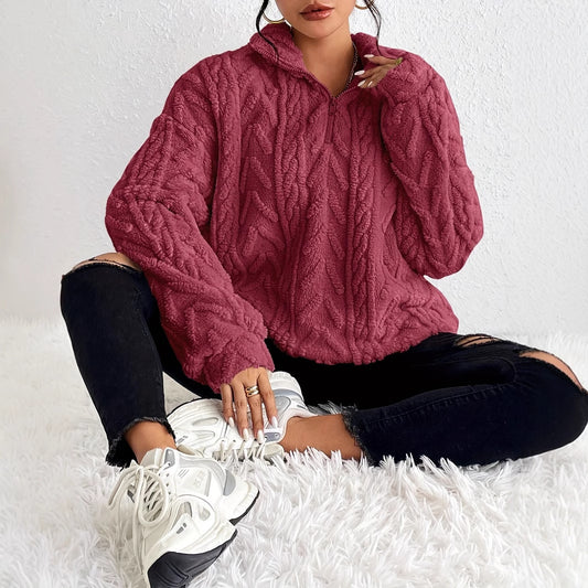 Vendbar Plys Latte Art Casual Lynlås Pullover Top