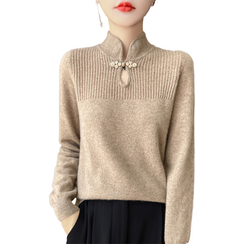 Chinese Style Retro Buckle Stand Collar Sweater For Women