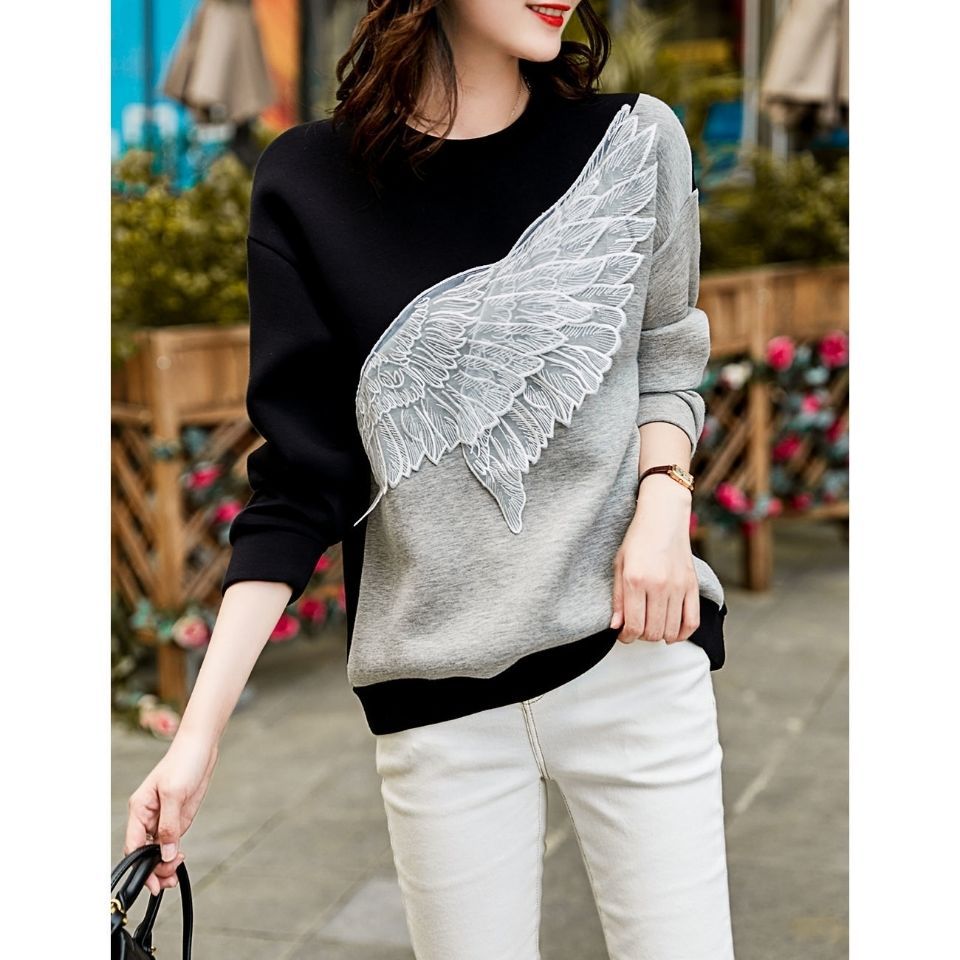 Farvekontrast Patchwork Tredimensionelle Vinger Broderet Rundhalset Sweater