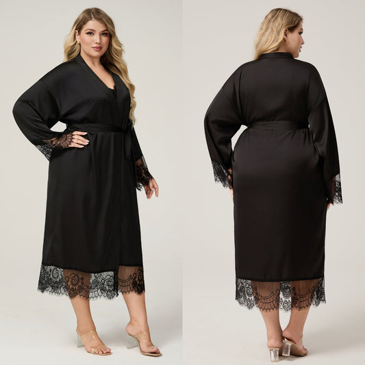 Womens Plus-Size Satin Chiffon Lace-trimmed Long-Sleeve Pajama SetPijama Robe